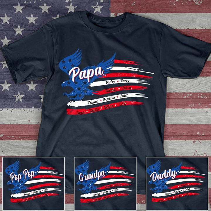 Personalized Eagle Papa with Grandkids Names 4th Of July American Flag T Shirt for Grandpa