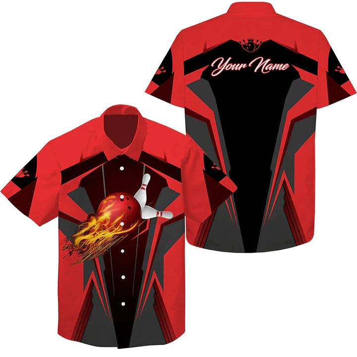 Personalized Hawaiian Bowling Shirts Flame Bowling Ball And Pins, Bowling Shirt For Men Bowlers Multicolor