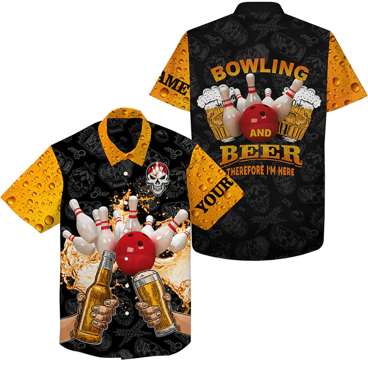 Funny Bowling Beer Skull Hawaiian Bowling Shirts Custom Name Bowling And Beer Therefore I'M Here