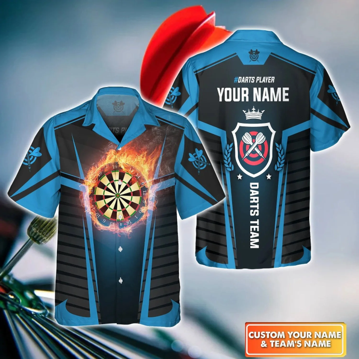 Darts Board In Flames Personalized Name 3D Hawaiian Shirt For Darts Team Player, Dart Gift, Dart Lover Gift