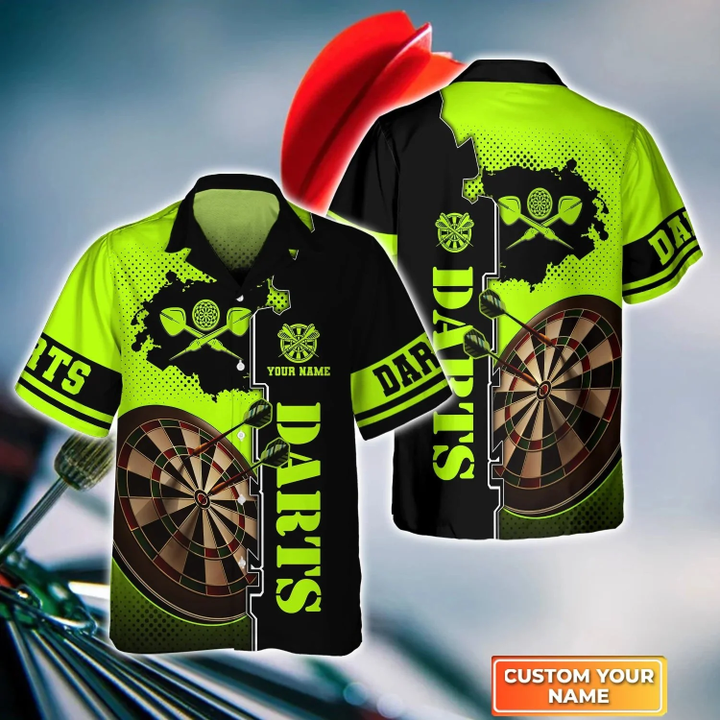 Green Dartboard Personalized Name 3D Hawaiian Shirt For Darts Team, Dart Shirt, Dart Gift, Dart Lover Gift