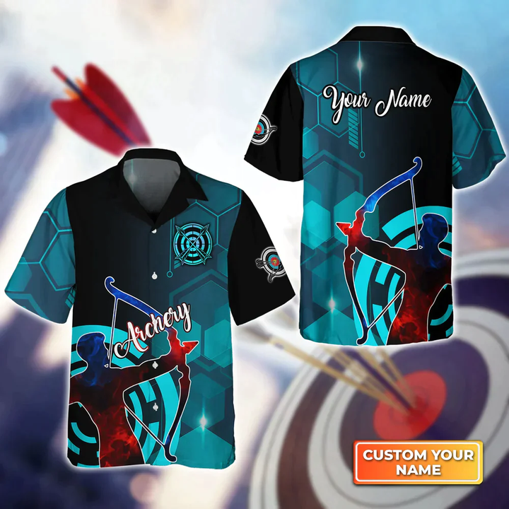 Archery Watercolor Short Sleeve Shirts Personalized Name 3D Target Bow Hawaiian Shirt, Gift For Archer Sport Lovers, Gift For Archer