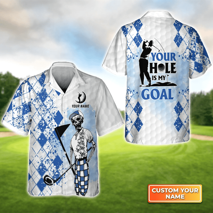Golf Skull Blue Pattern Your Hole Is My Goal - Personalized Name 3D Hawaiian Shirt Gift For Golfer