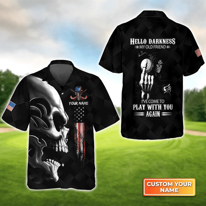 Golf American Flag Hello Darkness My Old Friend - Personalized Name 3D Hawaiian Shirt Gift For Golfer