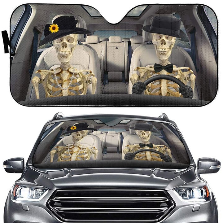 Personalized Couple Skeleton Driver Car SunShade Windshield, Car Protector, Car Accessories for Men, Women, Skeleton Lovers
