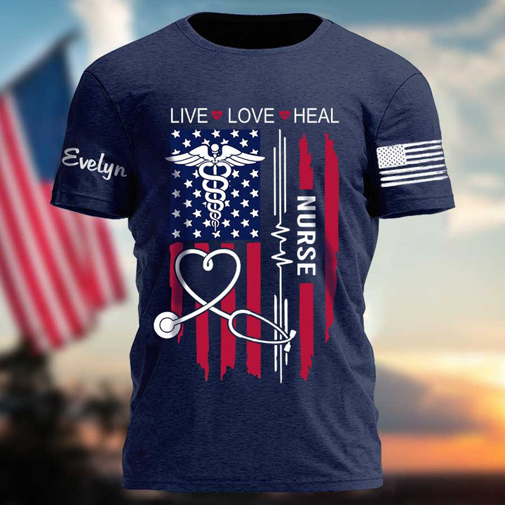 Personalized Nurse 4th of July T Shirt, Custom Name On Sleeve Nurse Shirt for Women, Men