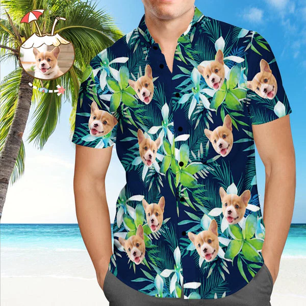 Custom Hawaiian Shirt with Face Custom Dog Face Tropical Shirts Leaves, Gift for Dog Lovers