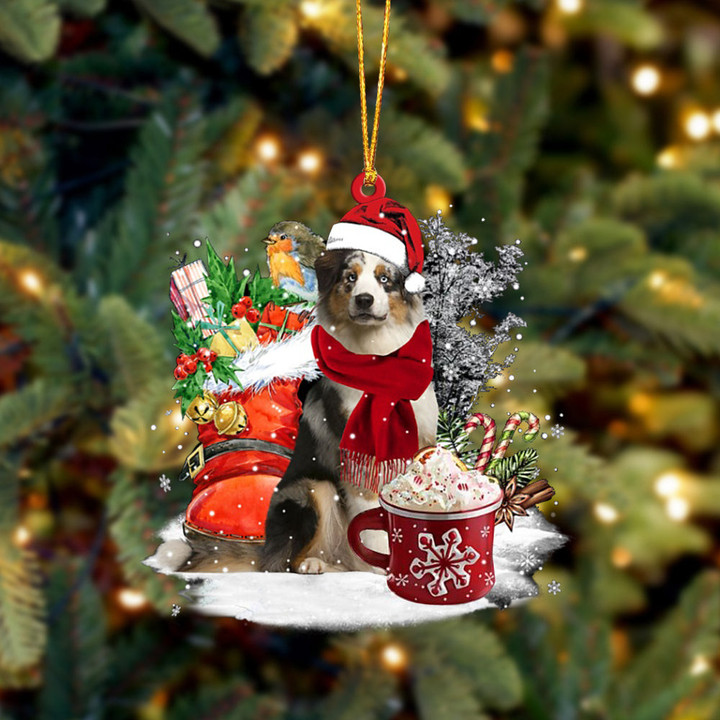 Blue Merle Australian Shepherd And Winter Cup Christmas Ornament Dog Flat Acrylic Ornament for Xmas Decor