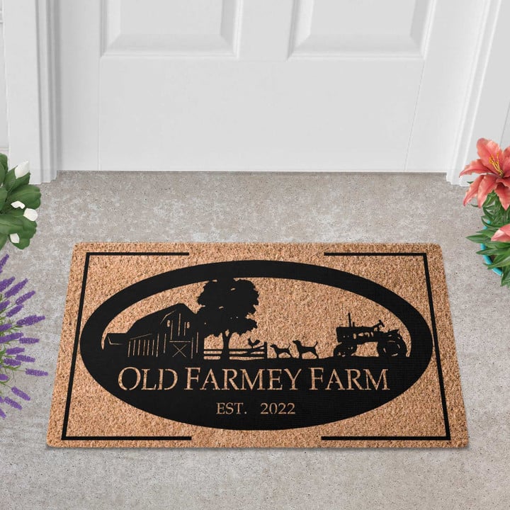 Custom Barn Chicken Dogs Tractor With Your Name Doormat, Farmhouse Door Mat For Outdoor Or Indoor Decor