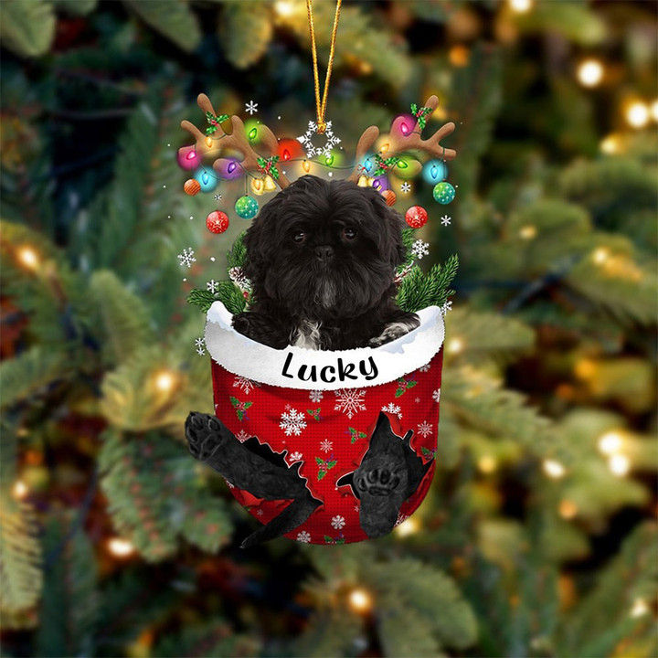 Custom Black Shih Tzu In Snow Pocket Christmas Ornament, Personalized Dog Flat Acrylic Ornament