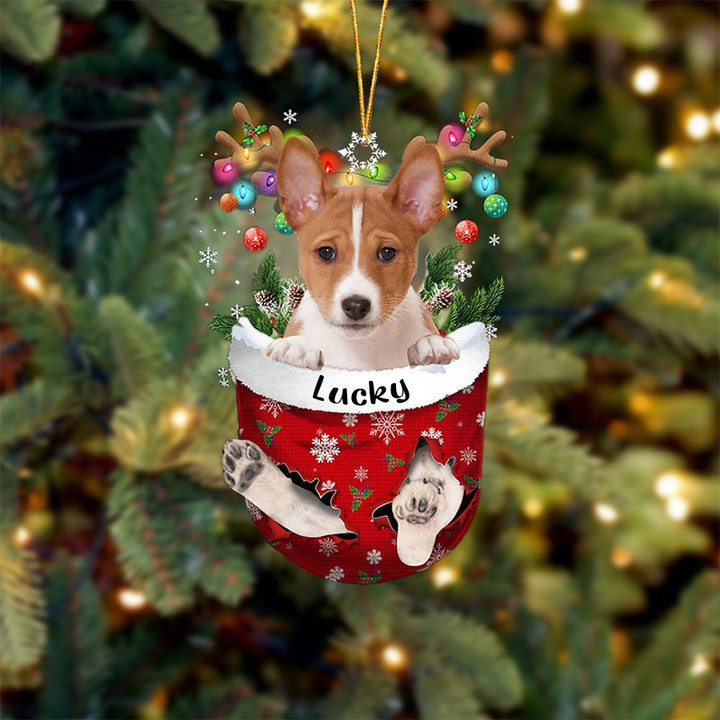 Custom Basenji In Snow Pocket Christmas Ornament, Personalized Dog Flat Acrylic Ornament