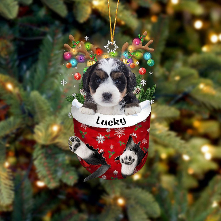 Custom Bernedoodle In Snow Pocket Christmas Ornament, Personalized Dog Flat Acrylic Ornament
