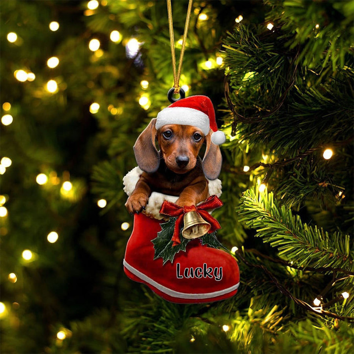 Custom Dachshund In Santa Boot Christmas Ornament, Personalized Dog Flat Acrylic Ornament