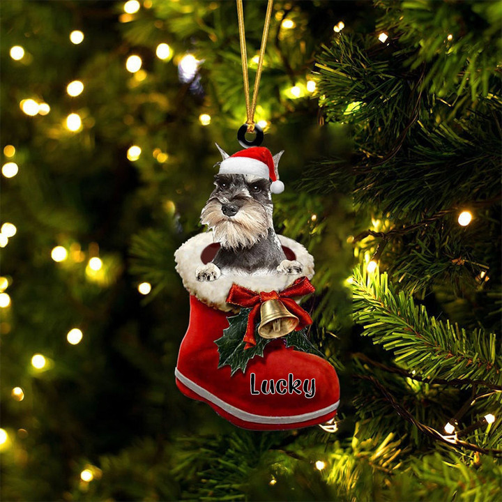 Custom Miniature Schnauzer In Santa Boot Christmas Ornament, Personalized Dog Flat Acrylic Ornament