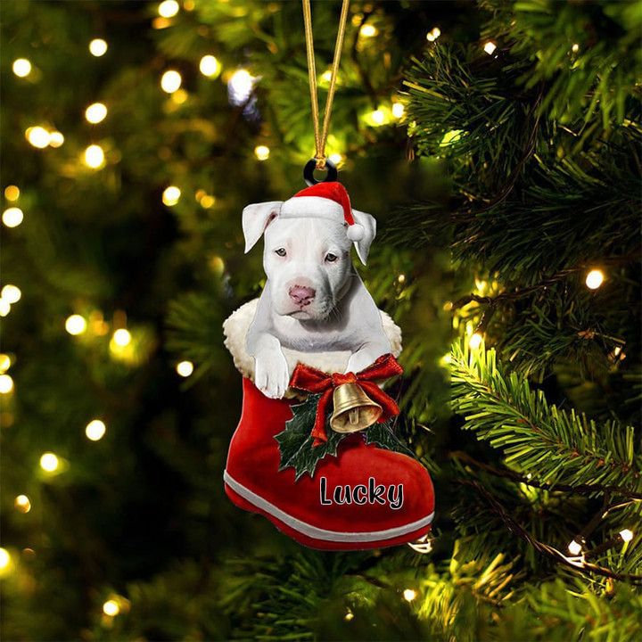 Custom White Pitbull In Santa Boot Christmas Ornament, Personalized Dog Flat Acrylic Ornament