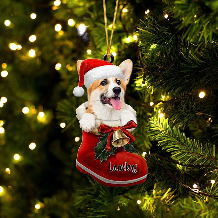 Custom Pembroke Welsh Corgi In Santa Boot Christmas Ornament, Personalized Dog Flat Acrylic Ornament