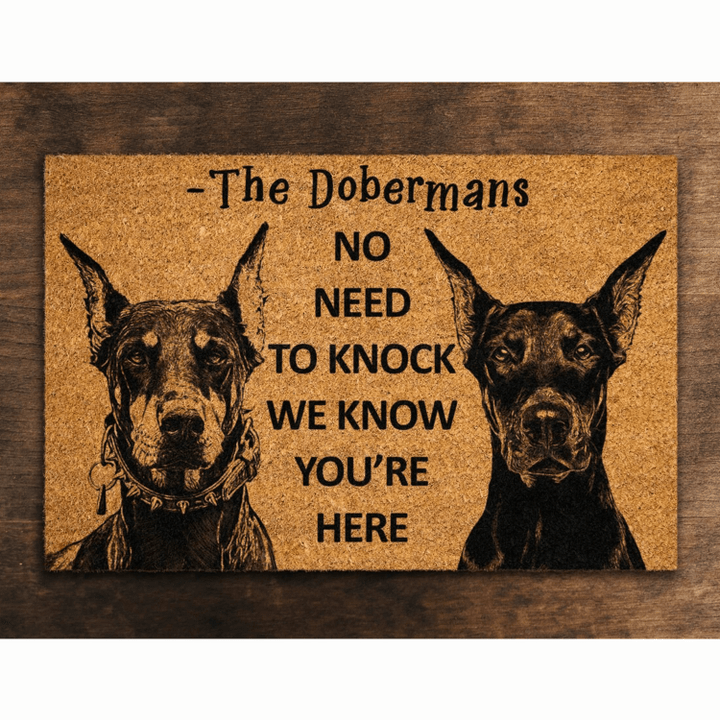 We Know You Are Here The Dobermans Coir Door Mat, Funny Doormat Gift for Doberman Lovers