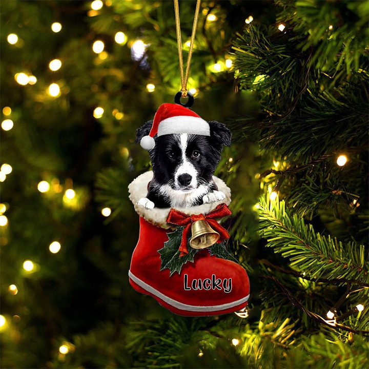 Custom Border Collie In Santa Boot Christmas Ornament, Personalized Dog Flat Acrylic Ornament