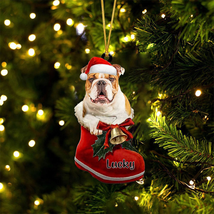 Custom Bulldog In Santa Boot Christmas Ornament, Personalized Dog Flat Acrylic Ornament