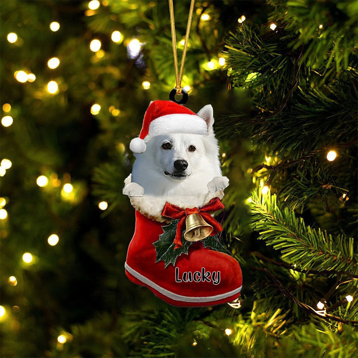 Custom American Eskimo In Santa Boot Christmas Ornament, Personalized Dog Flat Acrylic Ornament