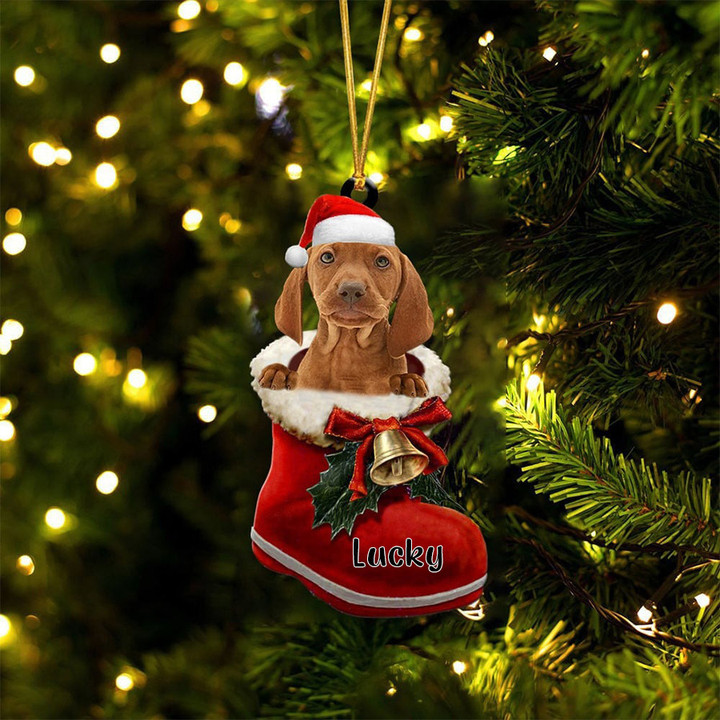 Custom Vizsla In Santa Boot Christmas Ornament, Personalized Dog Flat Acrylic Ornament