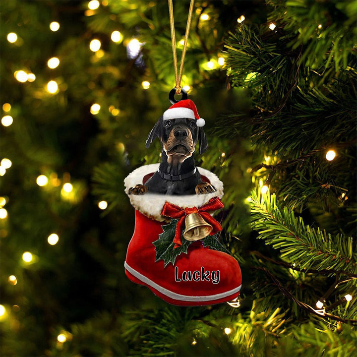 Custom Dobermann In Santa Boot Christmas Ornament, Personalized Dog Flat Acrylic Ornament