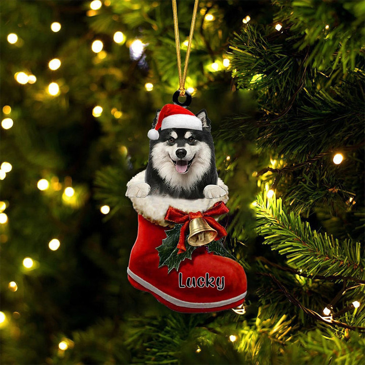 Custom Finnish Lapphund In Santa Boot Christmas Ornament, Personalized Dog Flat Acrylic Ornament