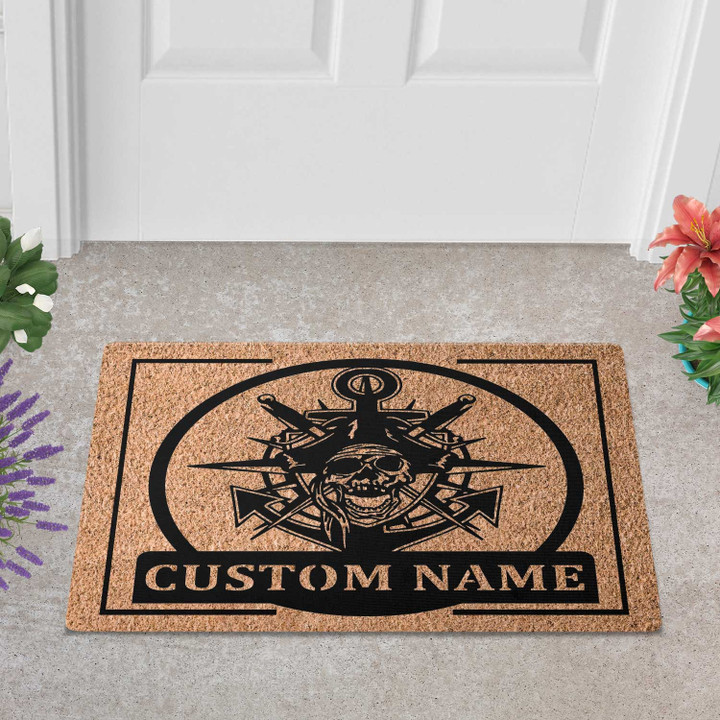 Personalized Pirate Skull Doormat For Outdoor Or Indoor Use, Custom Name Outdoor Door Mat Gift For Skull Lover