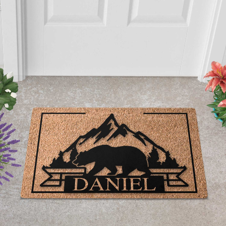 Personalized Hiking Bear Welcome Doormat For Home Outdoor Decoration, Custom Name Bear Door Mat Gift For Family