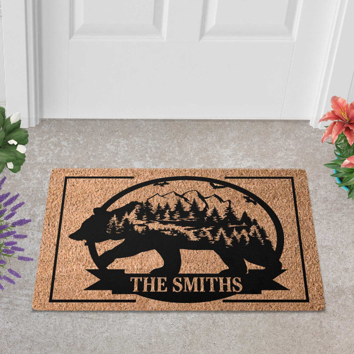 Personalized Moutain Bear Welcome Doormat For Indoor Outdoor Use, Custom Name Bear Door Mat Gift For Family