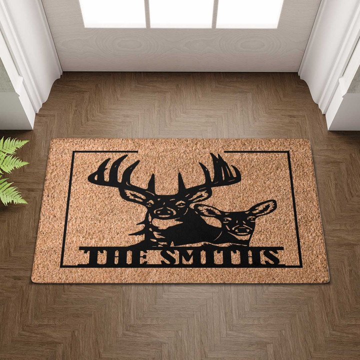 Personalized Deer Welcome Doormat For Indoor Outdoor Use, Custom Name Deer Door Mat Gift For Dad, Hunter