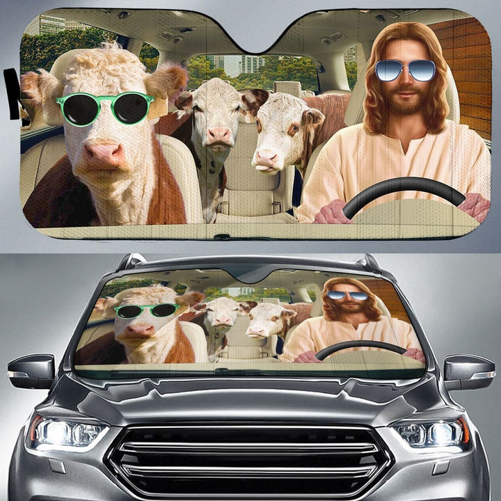 Jesus Driving Hereford Printed 3D Car Sunshade,Cow Car Windshield, Car Front Protector For Dad, Farmer