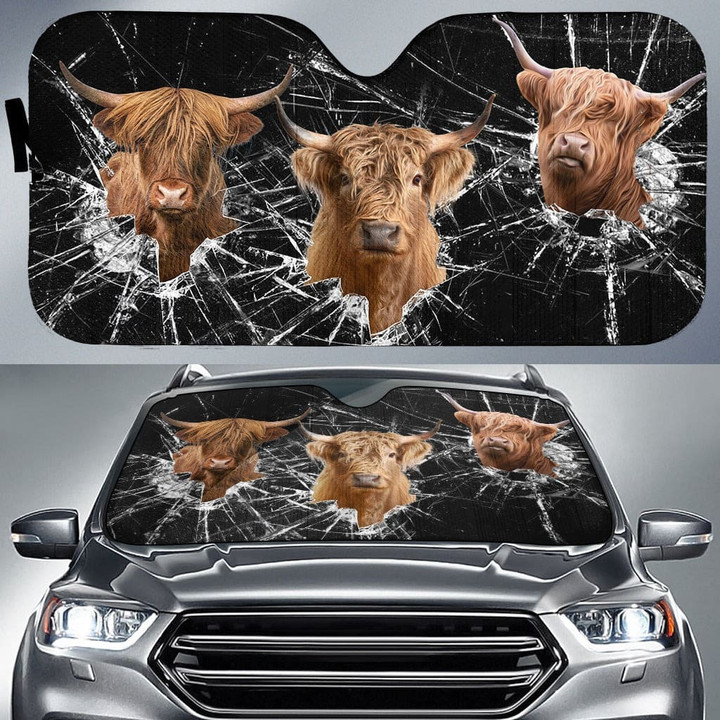 Highland Broken Glasses Car All Over Printed 3D Car Sunshade, Cow Car Windshield, Car Front Protector for Farmer