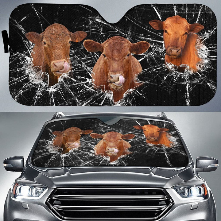 Red Angus Broken Glasses Car All Over Printed 3D Car Sunshade, Cow Lover Car Windshield, Car Front Protector