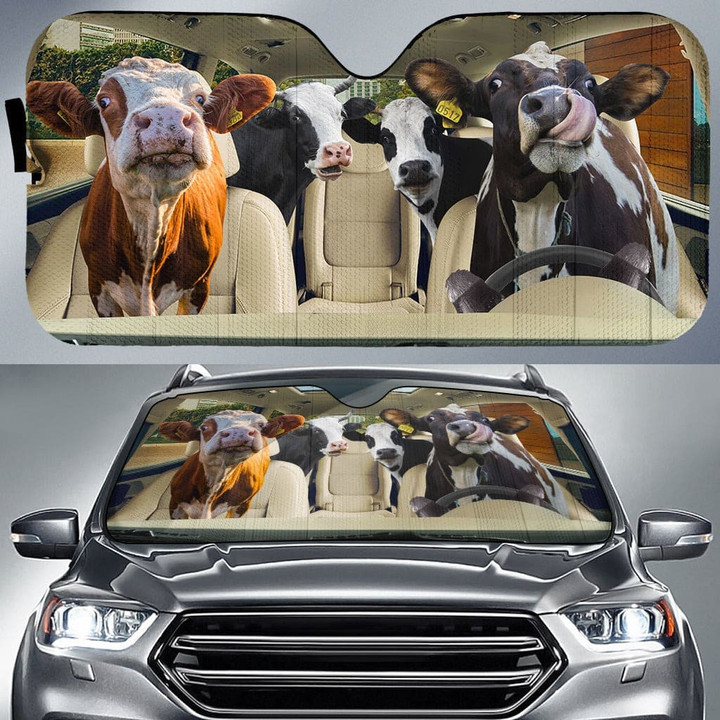 Funny Holstein Family Driving Car Printed 3D Car Sunshade, Cow Lover Car Windshield, Car Front Protector