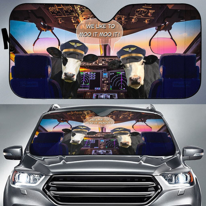 Black Baldy Pilot Printed 3D Car Sunshade, We Like To Moo It Moo It, Cow Lover Car Windshield, Car Front Protector