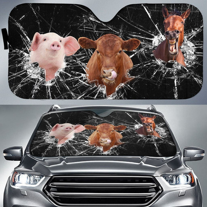 Horse, Angus and Pig Broken Glasses Car All Over Printed 3D Car Sunshade, Cow Lover Car Windshield For Farmer