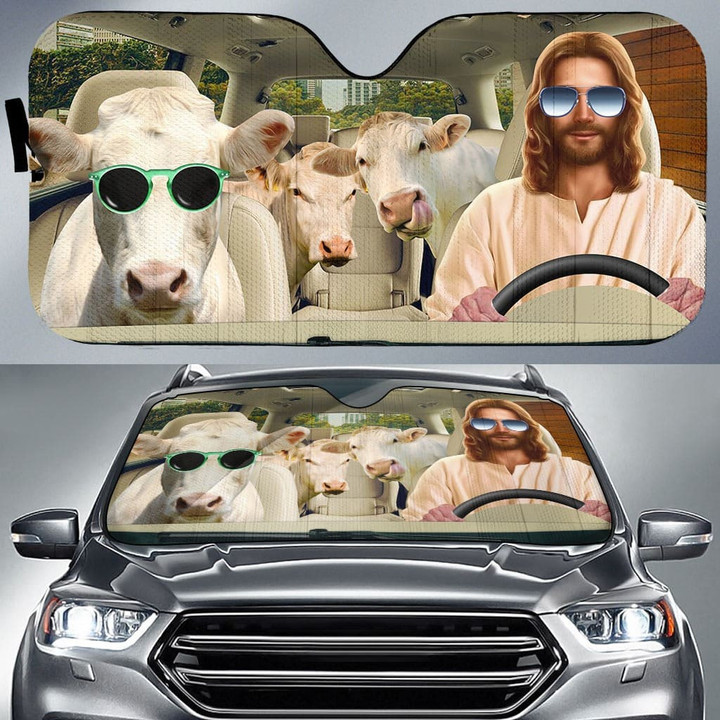 Jesus Driving Charolais Printed 3D Car Sunshade, Cow Car Windshield, Car Front Protector For Cow Lovers