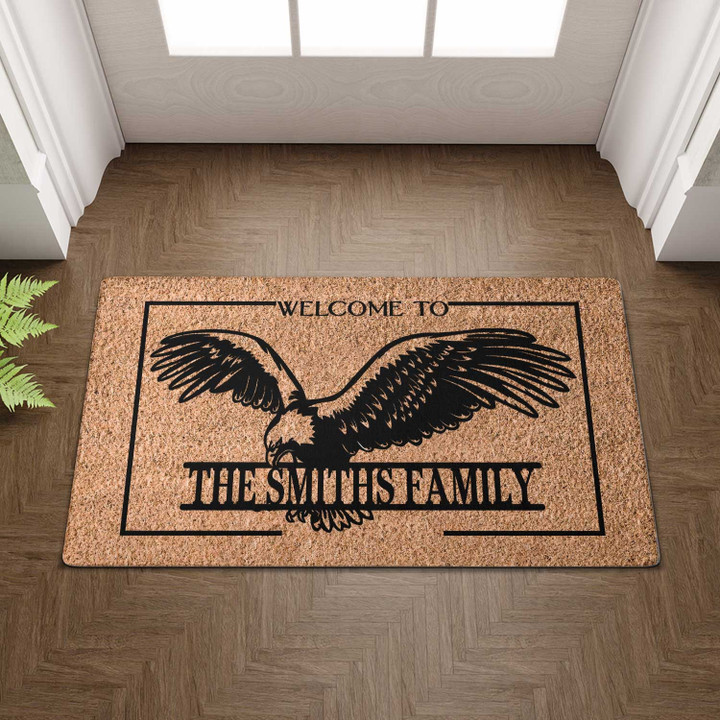 US Eagle Welcome To Doormat For Indoor Outdoor Use, Custom Name Eagle Door Mat Gift For Family Friend