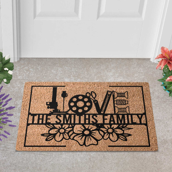 Personalized Love Sewing Doormat For Sewing Room, Custom Name Door Mat Gift For Sewer, Sewing Home Decor