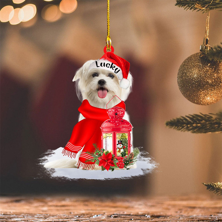 Personalized Maltese Christmas Present Ornament, Custom Name Dog Flat Acrylic Ornament For Xmas Decor