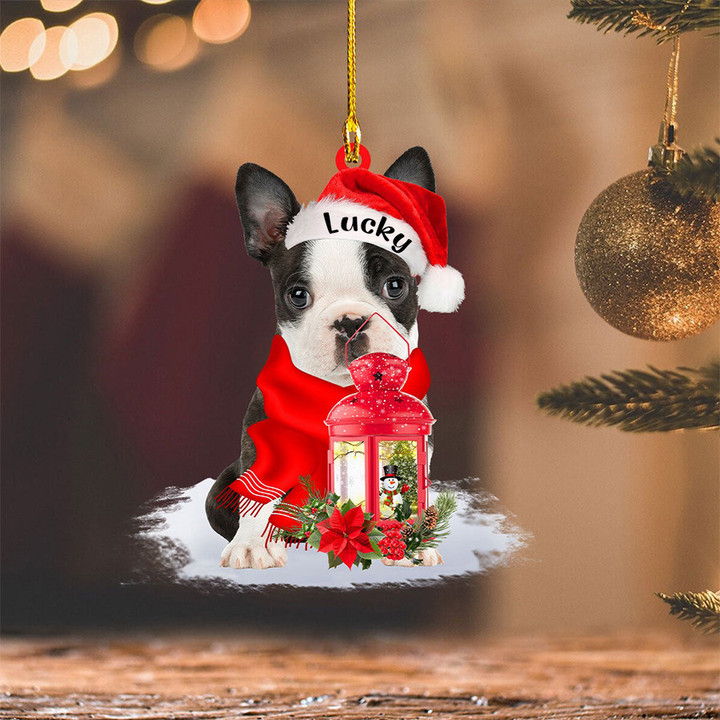 Personalized Boston Terrier Christmas Present Ornament, Custom Name Dog Flat Acrylic Ornament