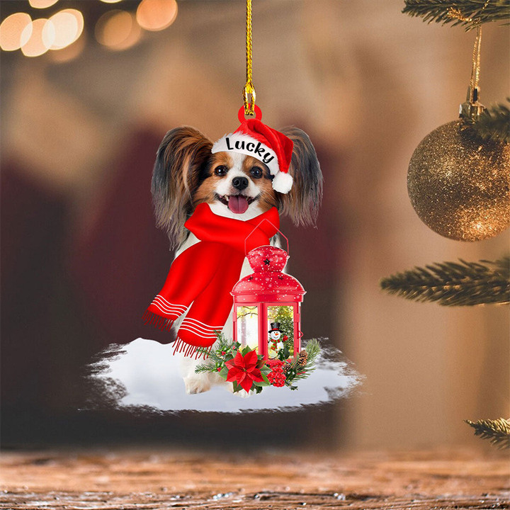 Personalized Papillon Christmas Present Ornament, Custom Name Dog Flat Acrylic Ornament