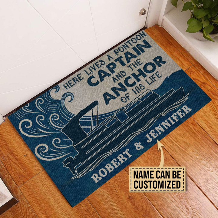 Personalized Pontoon Captain And Anchor Doormat For Home Decor, Custom Name Door Mat Gift For Dad Caption Sailor