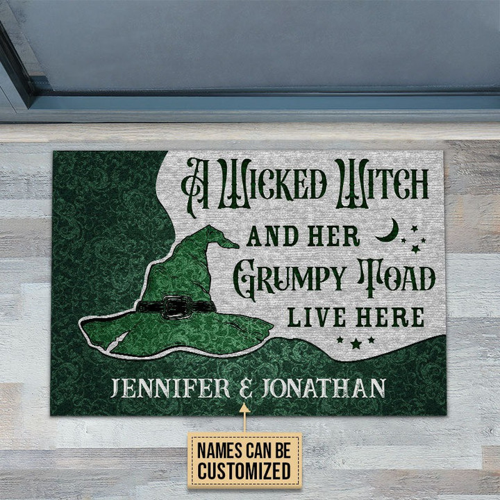 Personalized Blue Wicked Witch And Her Grumpy Toad Doormat, Custom Couple Name Door Mat Halloween Gift For Her