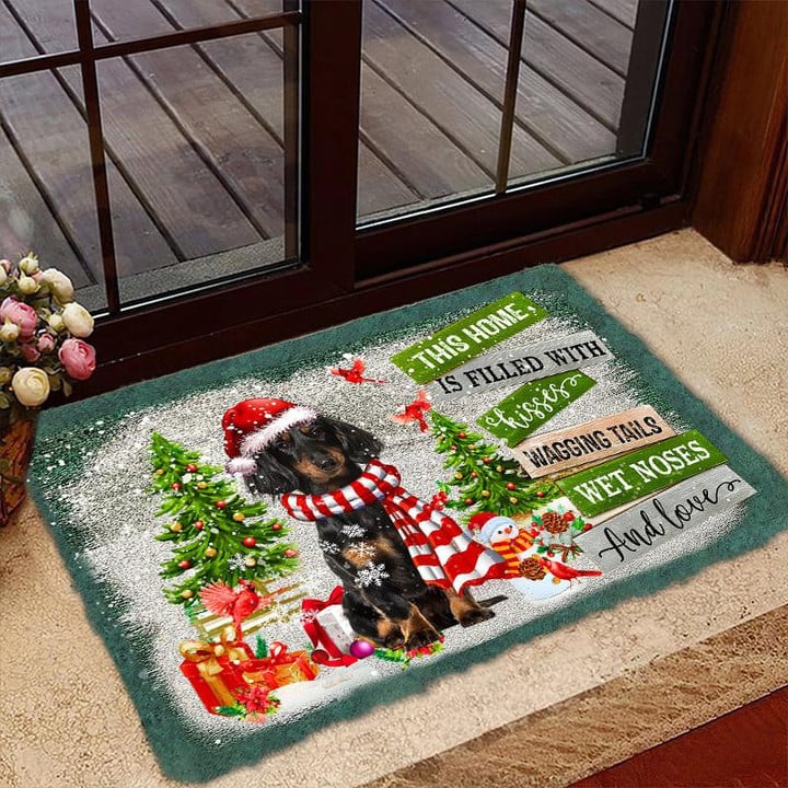 Long Haired Dachshund Doormat For Christmas Decor, This Home Is Filled With Kisses Gift For Dog Lover