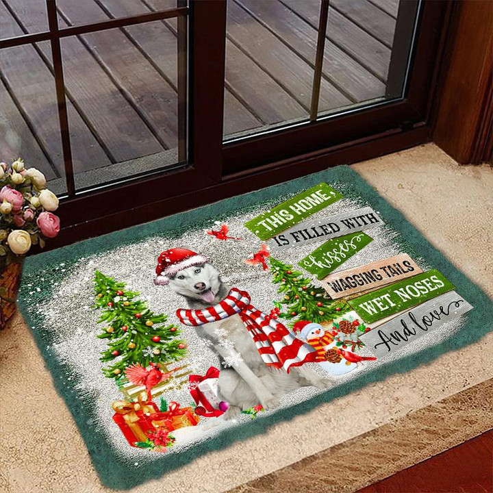Husky Doormat For Christmas Decor, This Home Is Filled With Kisses Door Mat Gift For Dog Lover
