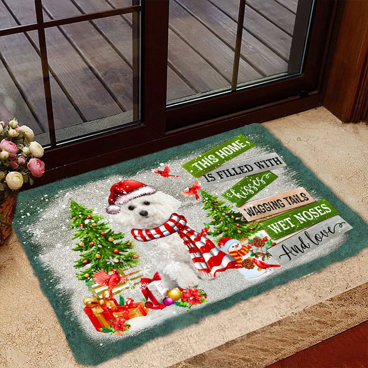Bichon Frise Doormat For Christmas Decor, This Home Is Filled With Kisses Door Mat Gift For Dog Lover