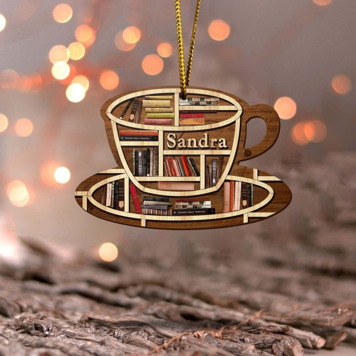 Personalized Book And Coffee Wood Ornament, Custom Name Book Ornament For Christmas Tree Decor