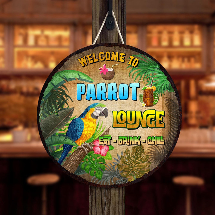 Custom Parrot Lounge Summer Tropical Cocktails Wood Sign, Hawaiian Luau Outside Patio Sign, Summer Tropical Beach Party